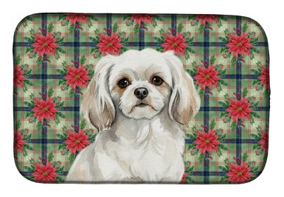 White Tibetan Spaniel Christmas PoinsettIas Dish Drying Mat Absorbent Dish Drying Mat Pad for Kitchen Counter Dish Drainer Mat for Countertop