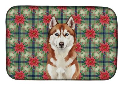Red and White Siberian Husky Christmas PoinsettIas Dish Drying Mat Absorbent Dish Drying Mat Pad for Kitchen Counter Dish Drainer Mat for Counter